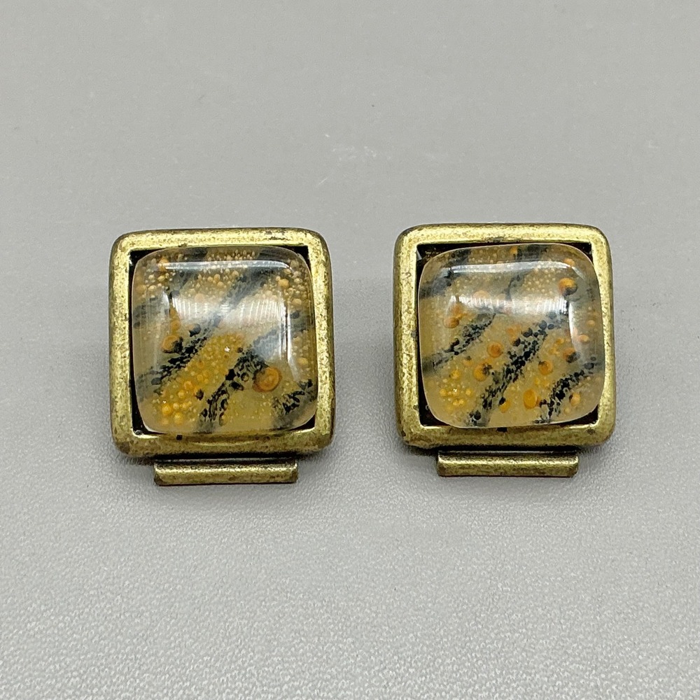 Chico's Earrings Women Gold Square Stud Glass Cabochon Animal Print 3/4 Inch